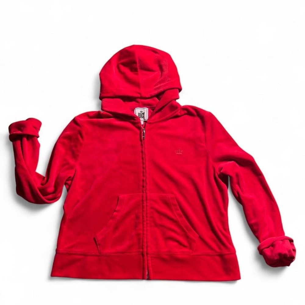 Juicy Couture Red Velour Zip Up Hoodie Crown Logo Y2K Style Large
